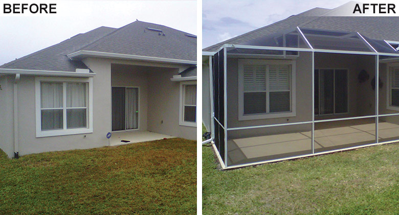 White screen enclosure keeps this patio free of bugs, critters and debris.