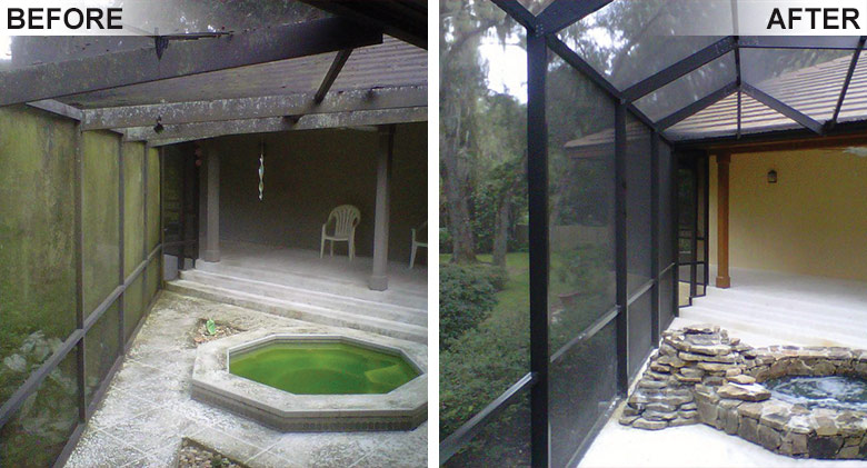 An old enclosure for this water feature was replaced with this bronze enclosure with gable roof.