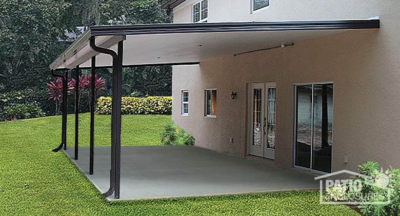 : Bronze patio cover over an empty patio with sliding glass doors and French door entry to the home.